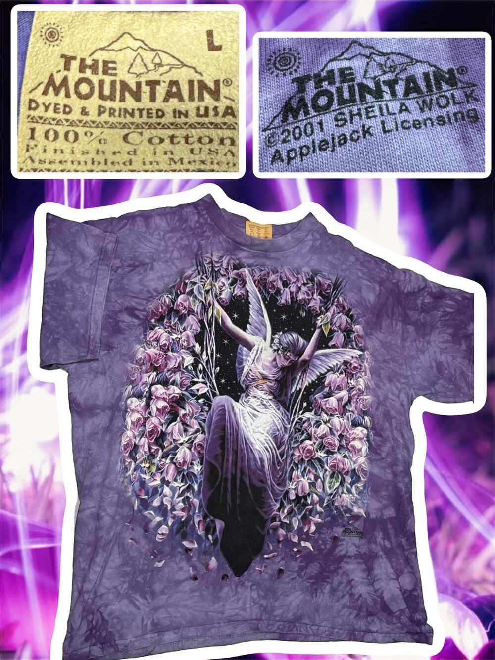 Vintage Y2K The Mountain Fairy T-Shirt Large Purple Tie Dye Floral Sheila Wolk